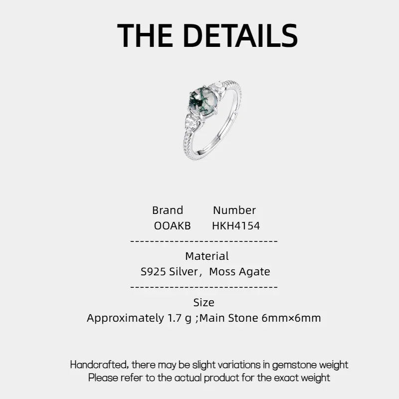 Round Six-Prong Moss Agate Leaf Shoulder Open Ring — product specification card