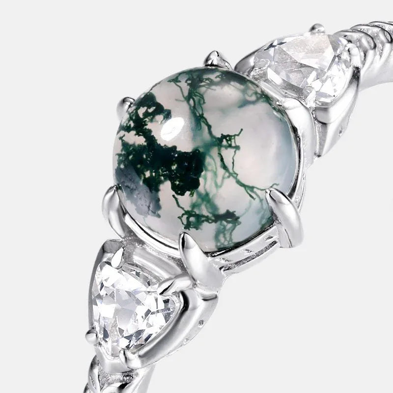 Round Six-Prong Moss Agate Leaf Shoulder Open Ring — stone, six-prong setting and leaf-shoulder close-up
