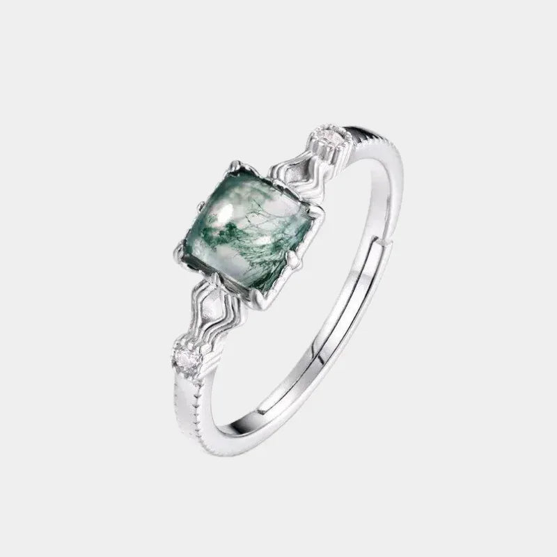 Square Moss Agate Knot Band Open Ring — isolated three-quarter ring view