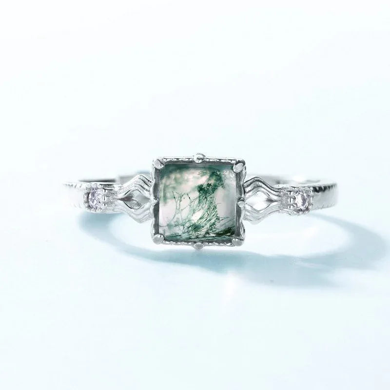 Square Moss Agate Knot Band Open Ring — front product view