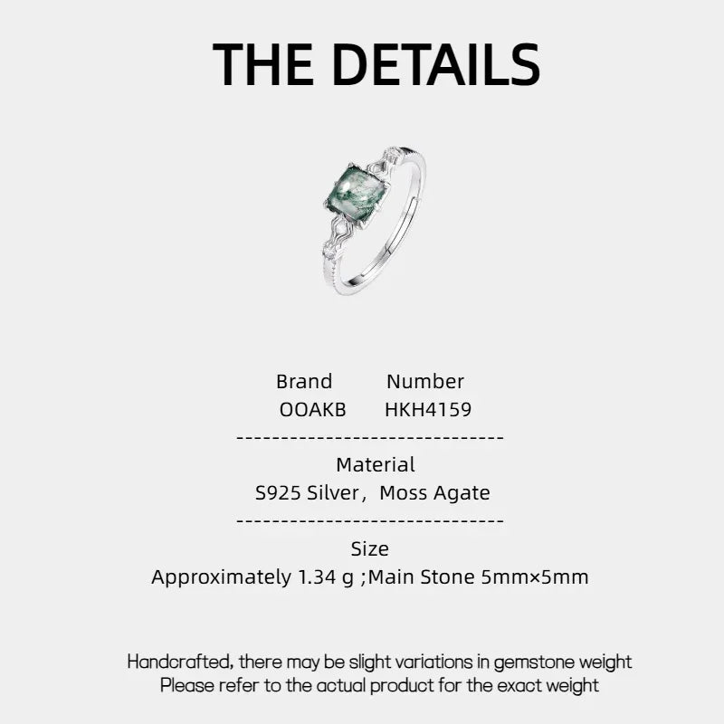 Square Moss Agate Knot Band Open Ring — product specification card