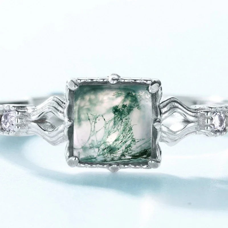 Square Moss Agate Knot Band Open Ring — square stone and knot-like band close-up