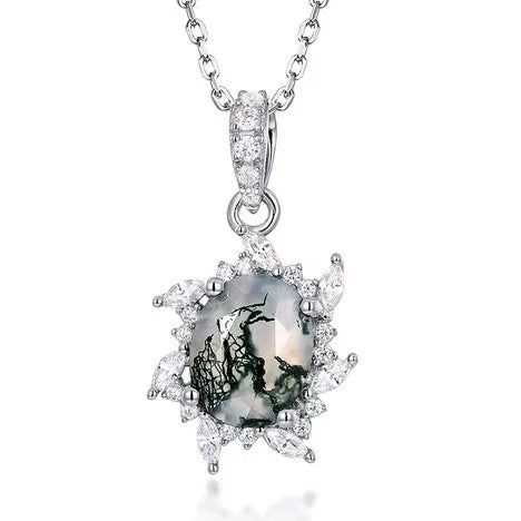 Oval Moss Agate Sunflower Halo Pendant Necklace — sunflower halo pendant close-up
