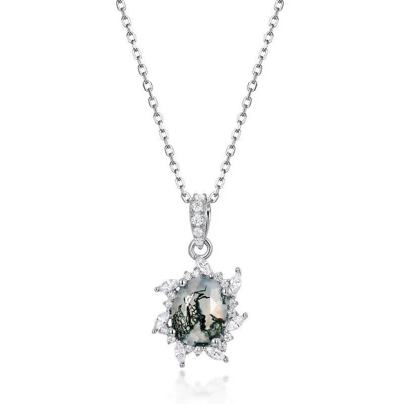 Oval Moss Agate Sunflower Halo Pendant Necklace — alternate full necklace view