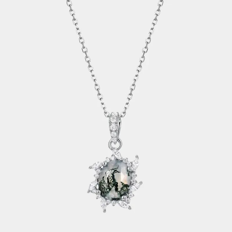 Oval Moss Agate Sunflower Halo Pendant Necklace — full necklace on white background