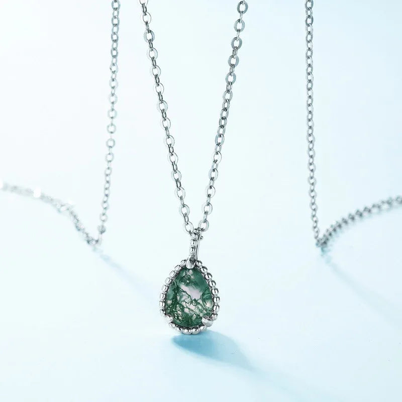 Teardrop Moss Agate Filigree Pendant Necklace — second angled full-necklace view