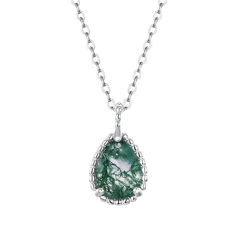 Teardrop Moss Agate Filigree Pendant Necklace — alternate full necklace view