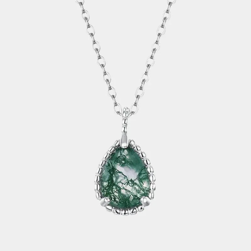 Teardrop Moss Agate Filigree Pendant Necklace — full necklace on white background