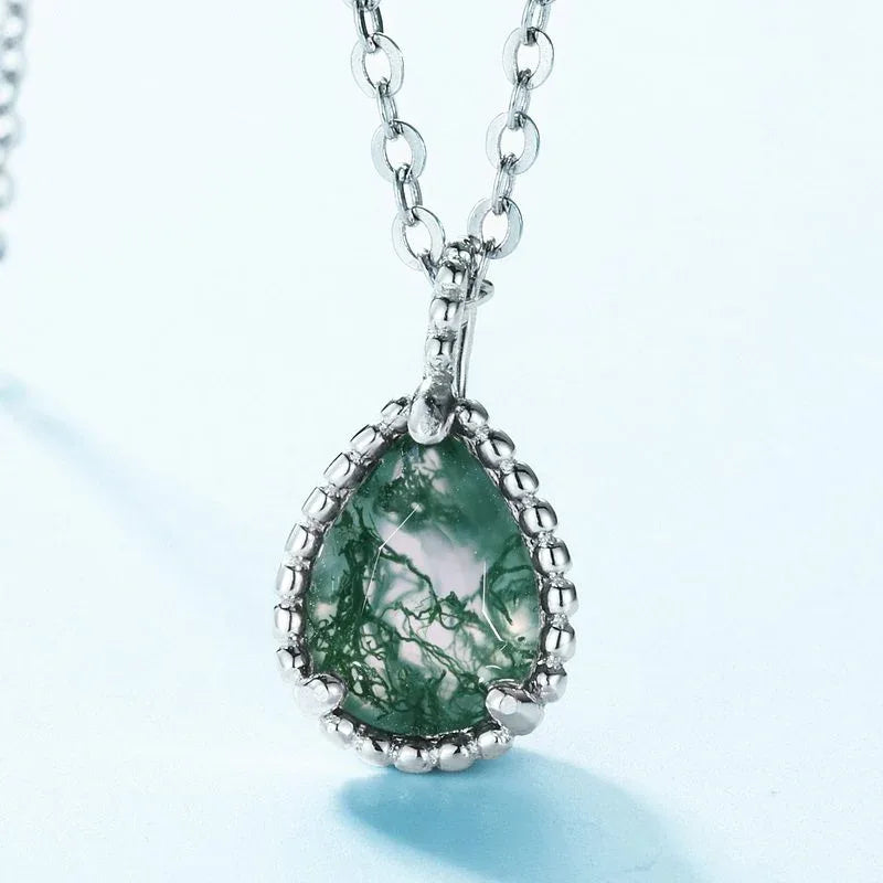 Teardrop Moss Agate Filigree Pendant Necklace — teardrop pendant close-up showing filigree edge