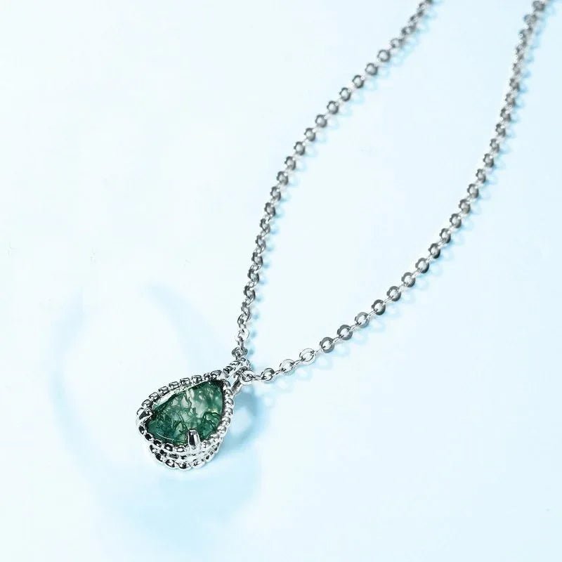 Teardrop Moss Agate Filigree Pendant Necklace — angled necklace arrangement
