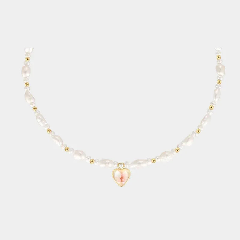 Baroque Pearl Heart Pendant Necklace — front necklace view with gold beads and heart pendant