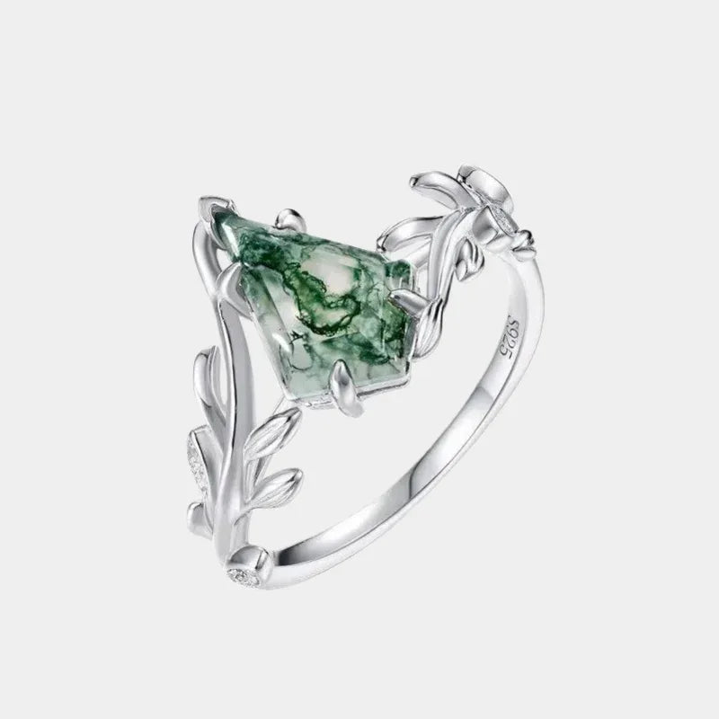Olive Branch Geometric Moss Agate Ring — front product view on a light background