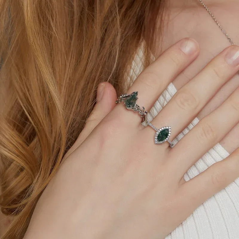 Olive Branch Geometric Moss Agate Ring — front setting detail 3