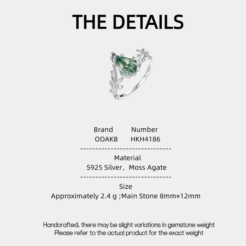 Olive Branch Geometric Moss Agate Ring — Moss Agate specification card with material and measurements