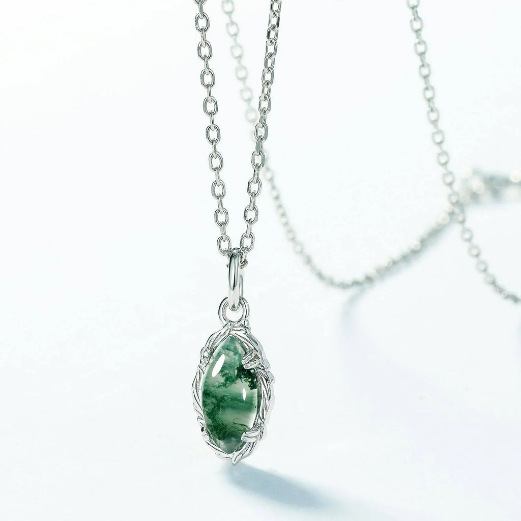 Olive Branch Minimalist Moss Agate Pendant — angled pendant and chain detail 4