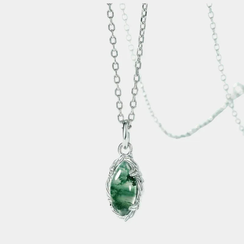 Olive Branch Minimalist Moss Agate Pendant — full necklace view on a light background