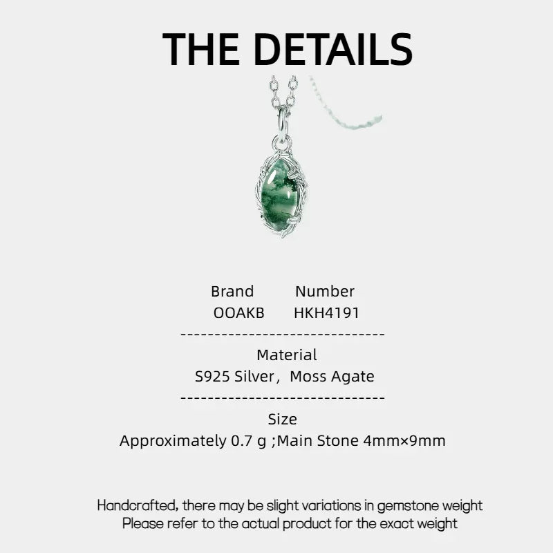 Olive Branch Minimalist Moss Agate Pendant — Moss Agate specification card with material and measurements