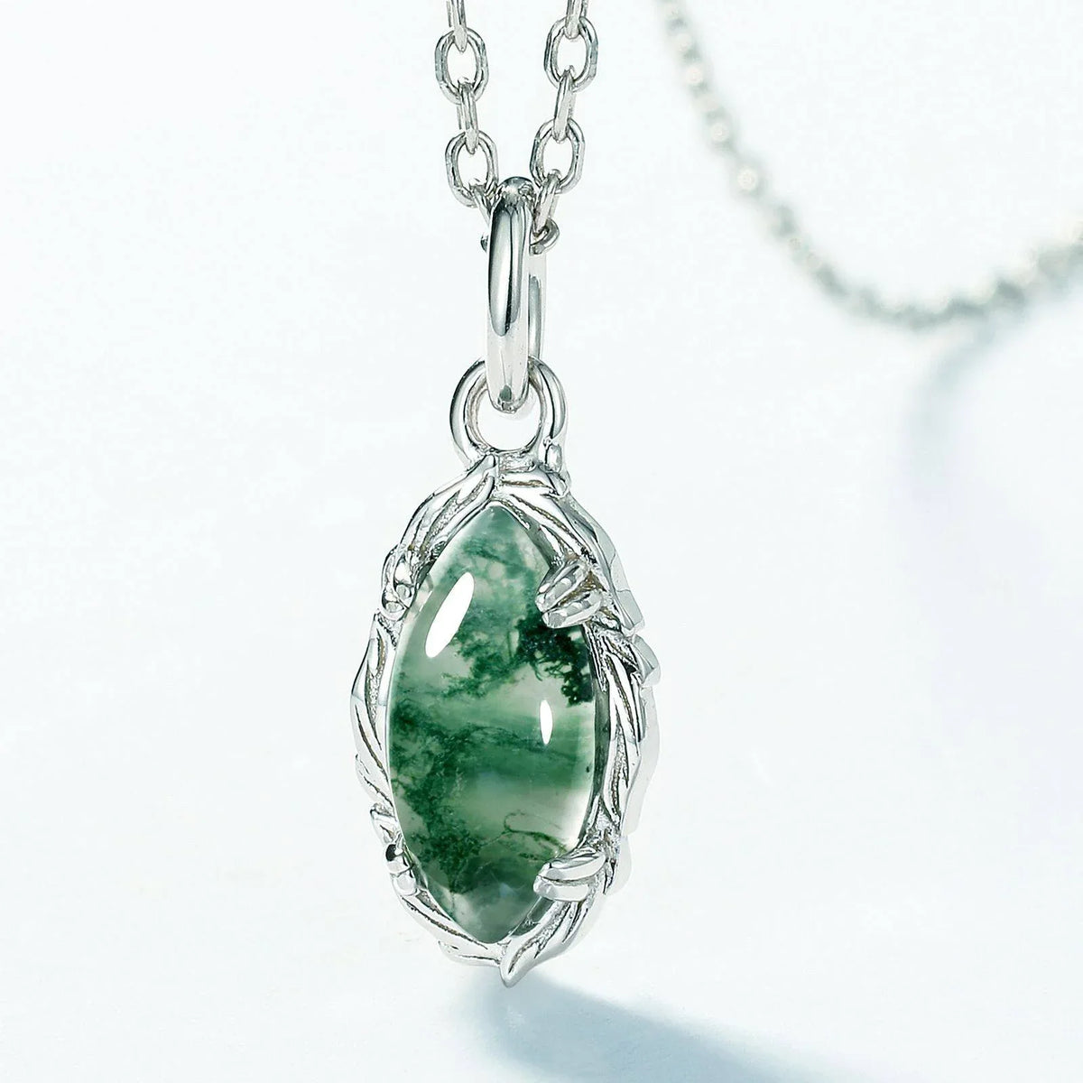 Olive Branch Minimalist Moss Agate Pendant — pendant close-up 3