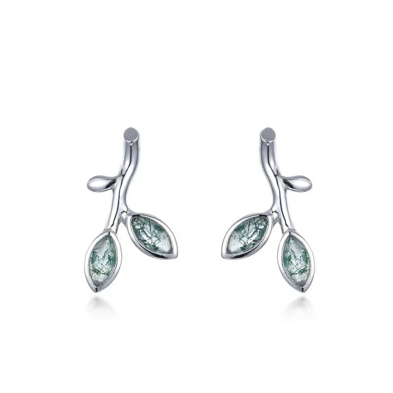 Olive Branch Moss Agate Earrings Unisex — angled product view 5