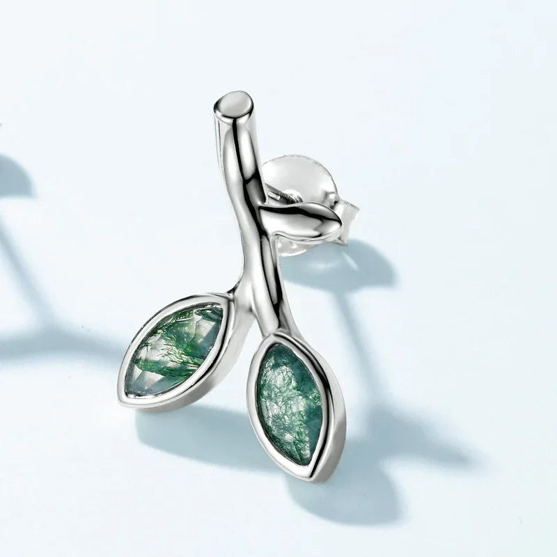 Olive Branch Moss Agate Earrings Unisex — front setting detail 3