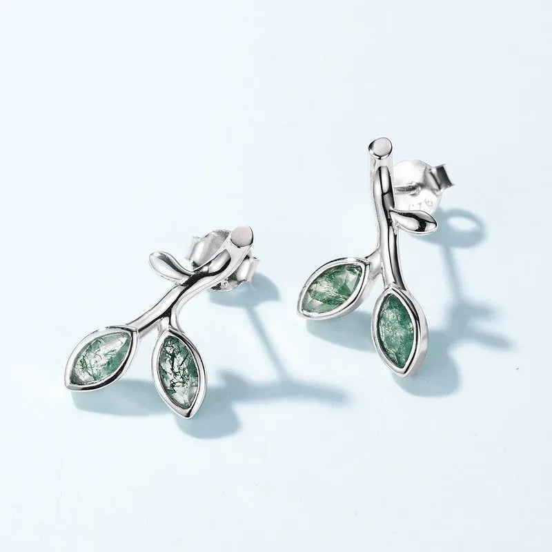 Olive Branch Moss Agate Earrings Unisex — hand-worn scale view 2