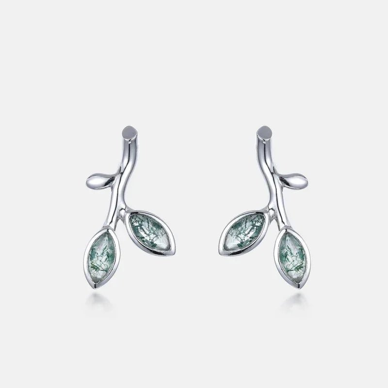 Olive Branch Moss Agate Earrings Unisex — side profile and band detail 4