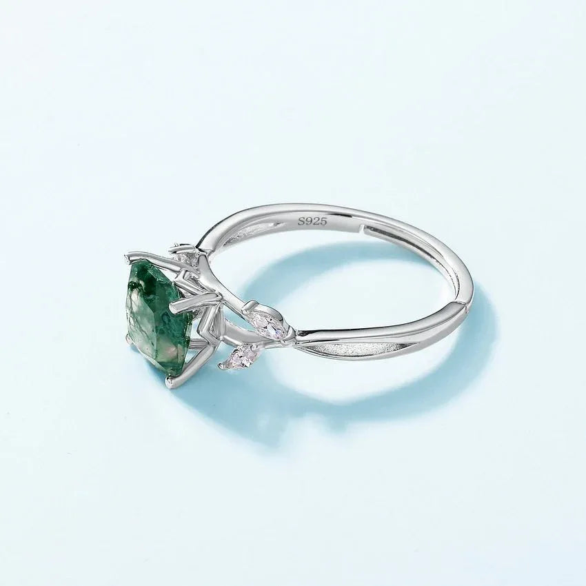 Olive Branch Moss Agate Ring — hand-worn scale view 2