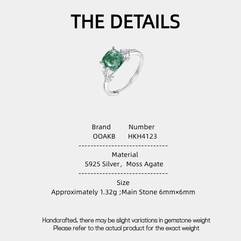 Olive Branch Moss Agate Ring — Moss Agate specification card with material and measurements
