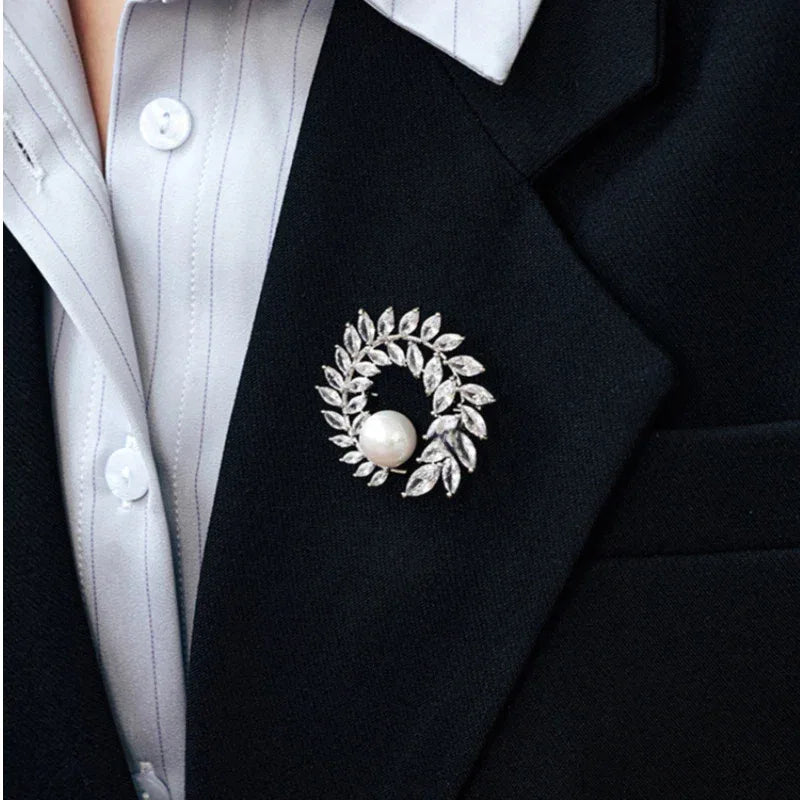 Pearl Olive Wreath Brooch — second close blazer-worn view from another angle