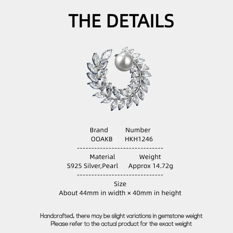 Pearl Olive Wreath Brooch — specification card with material and size details
