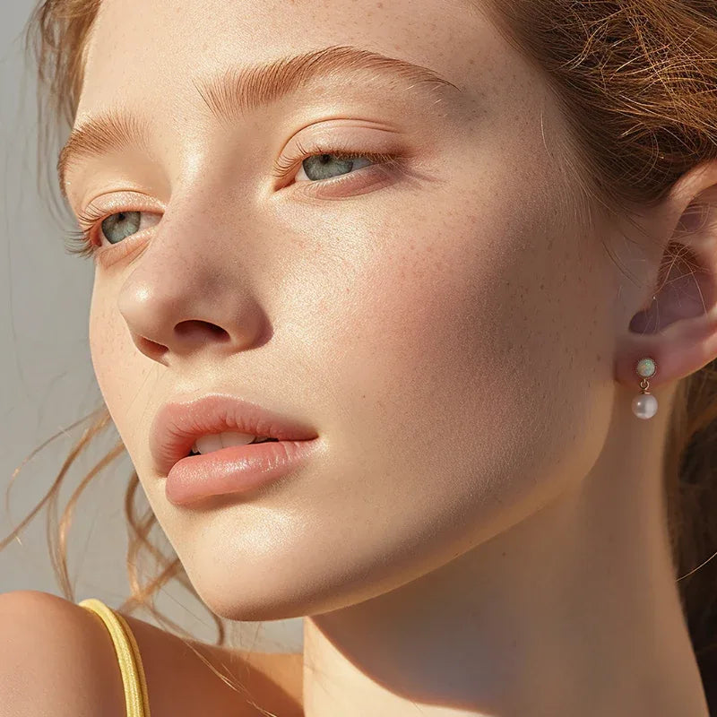White Opal and Pearl Drop Earrings — right-ear worn portrait in warm sunlight