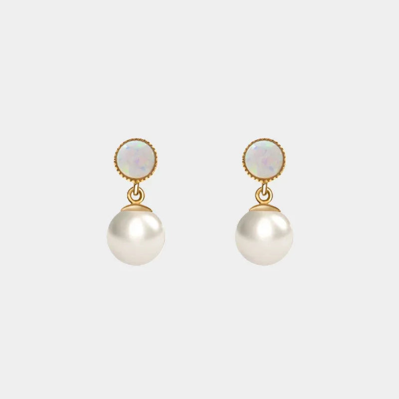 White Opal and Pearl Drop Earrings — front view of white opal and pearl drop earrings