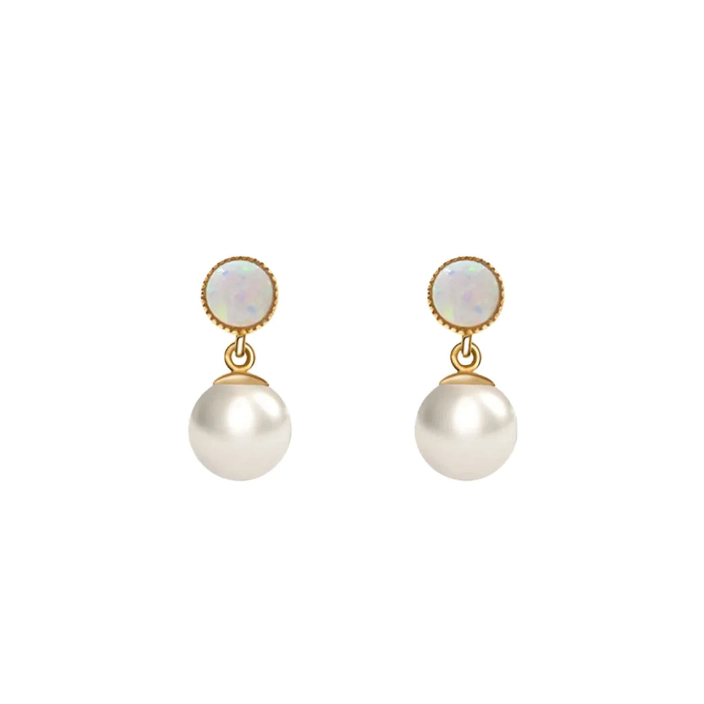 White Opal and Pearl Drop Earrings — alternate isolated front view on white