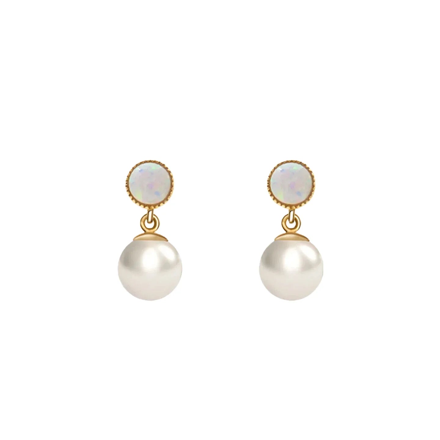 White Opal and Pearl Drop Earrings — alternate isolated front view on white
