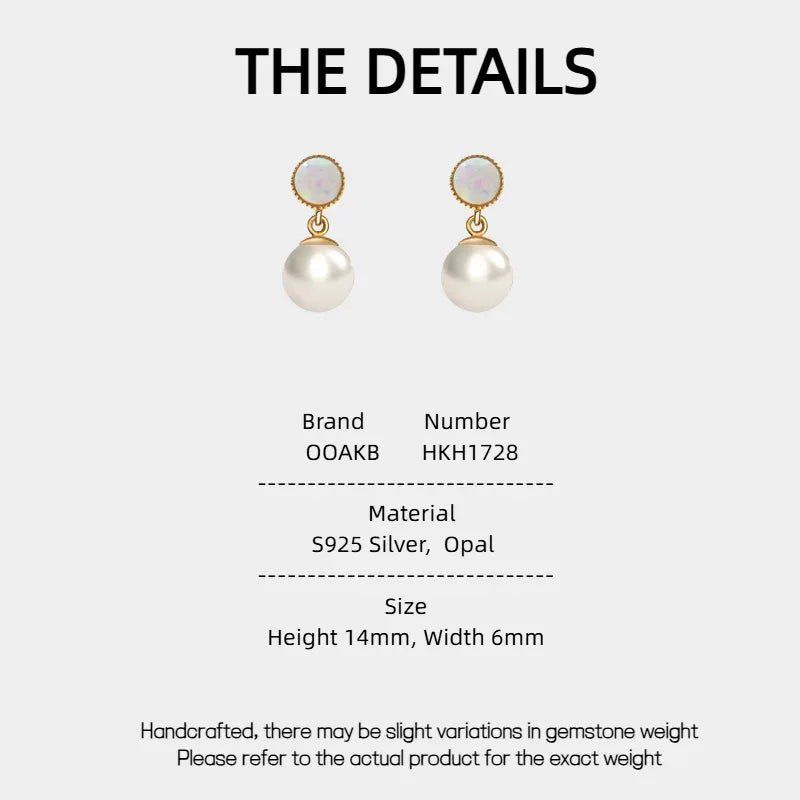 White Opal and Pearl Drop Earrings — specification card with material and size details