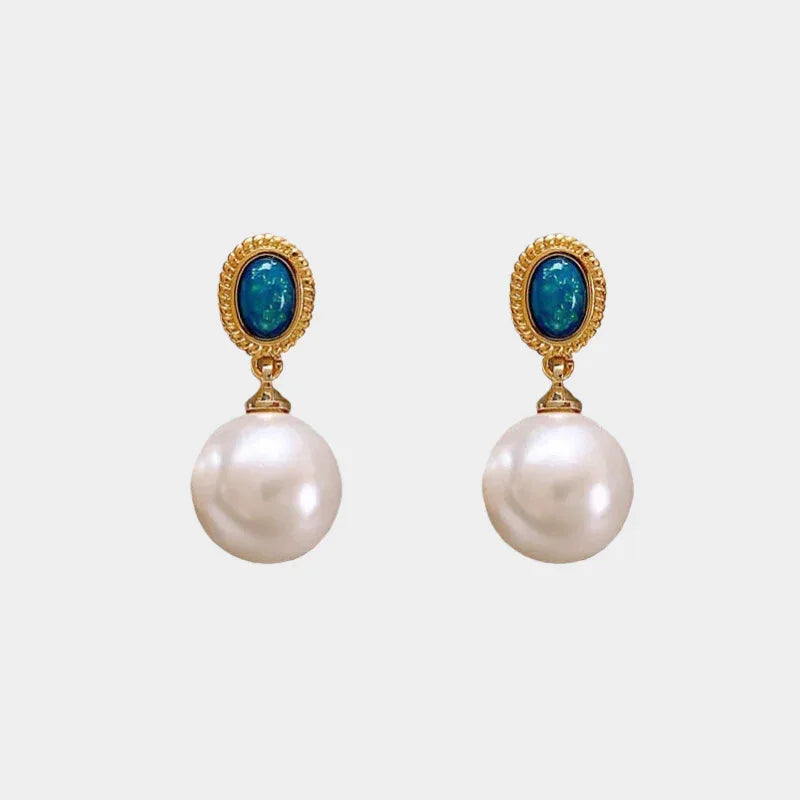 Blue Opal and Pearl Drop Earrings — front view of blue opal and pearl drop earrings