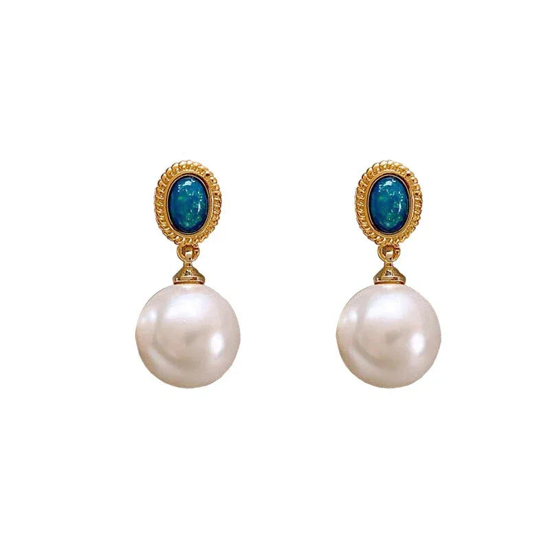 Blue Opal and Pearl Drop Earrings — alternate isolated front view on white