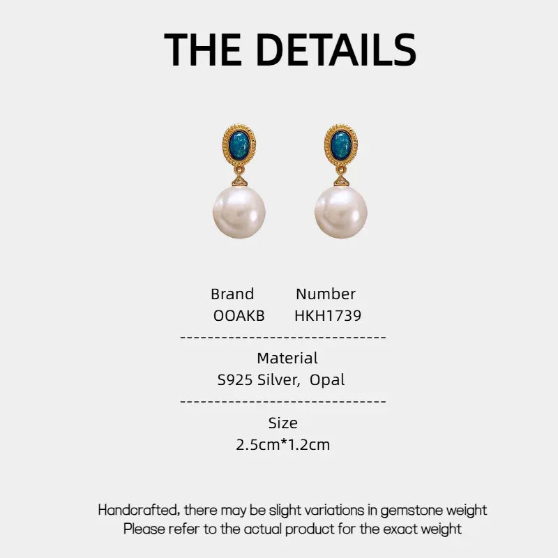 Blue Opal and Pearl Drop Earrings — specification card with material and size details