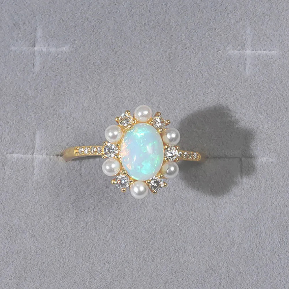Opal Floral Halo Adjustable Ring angled product view