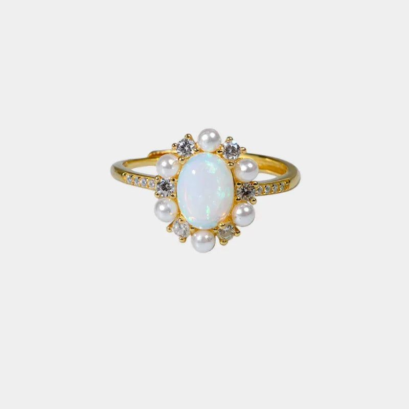 Opal Floral Halo Adjustable Ring front product view on a light background