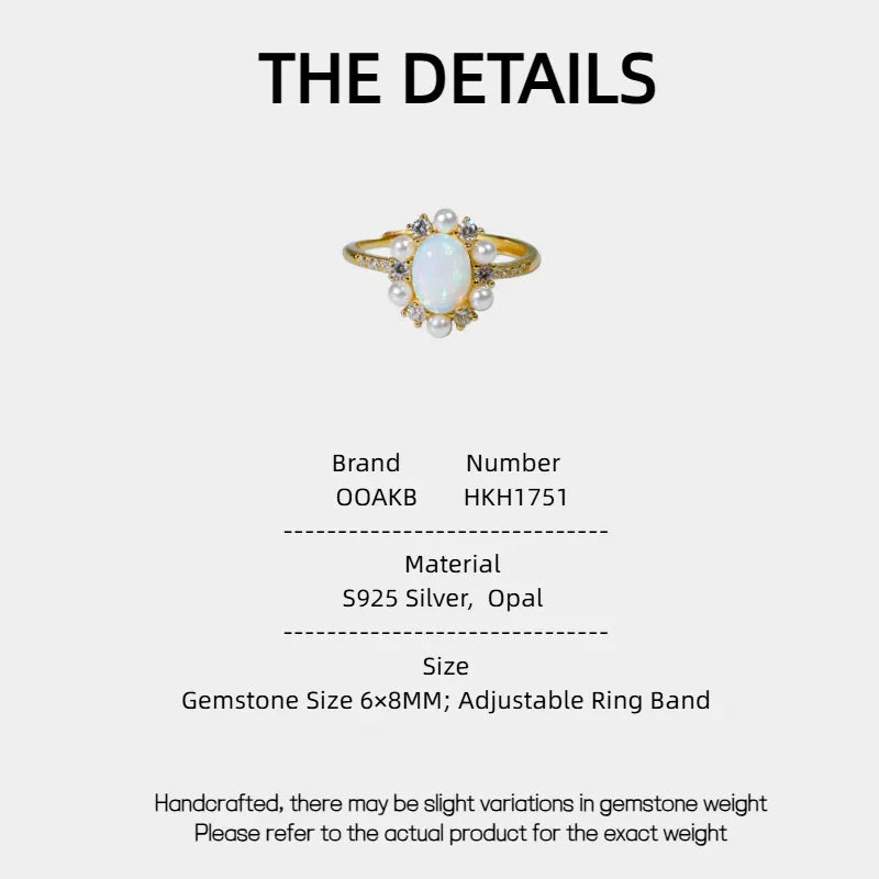 Opal Floral Halo Adjustable Ring specification card with material and size details