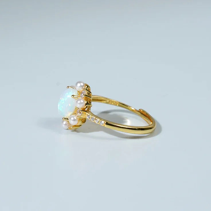 Opal Floral Halo Adjustable Ring worn on the hand