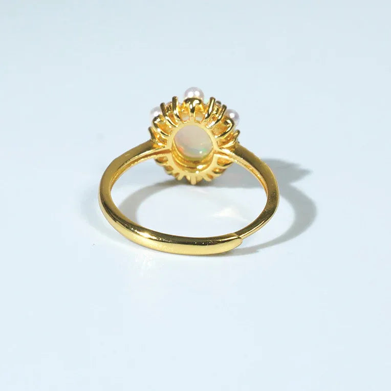 Opal Floral Halo Adjustable Ring worn on the hand from another angle