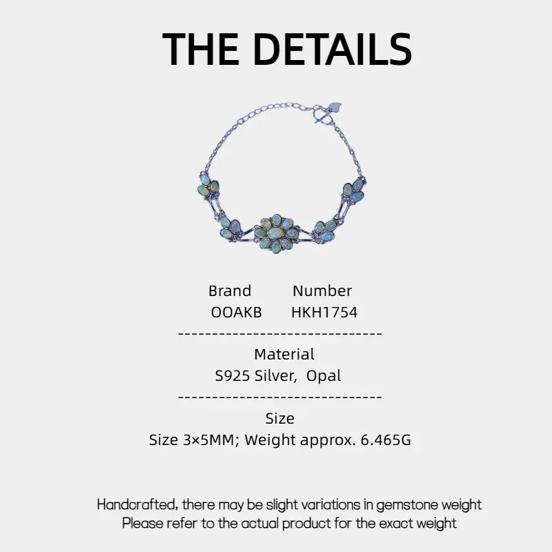 Opal Floral Station Bracelet specification card with material and size details