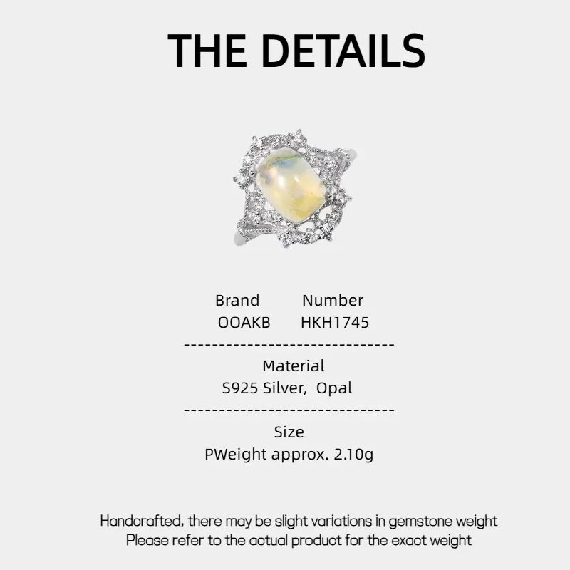 Opal Ornate Halo Adjustable Ring specification card with material and size details