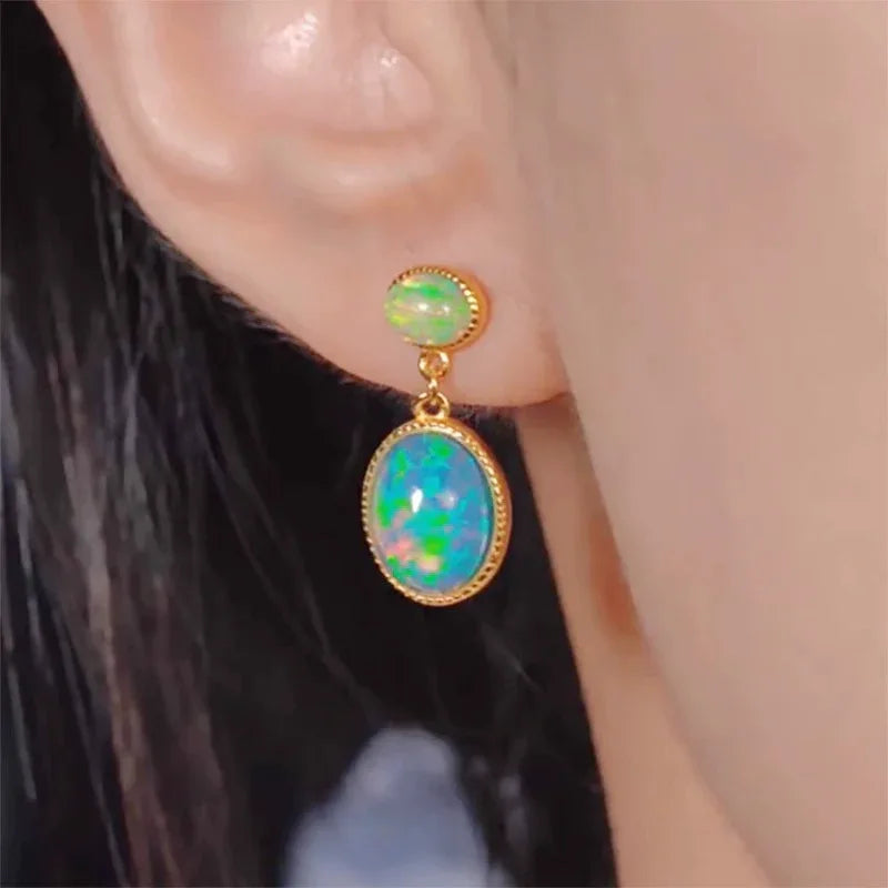 Opal Oval Drop Earrings with Round Studs angled product view