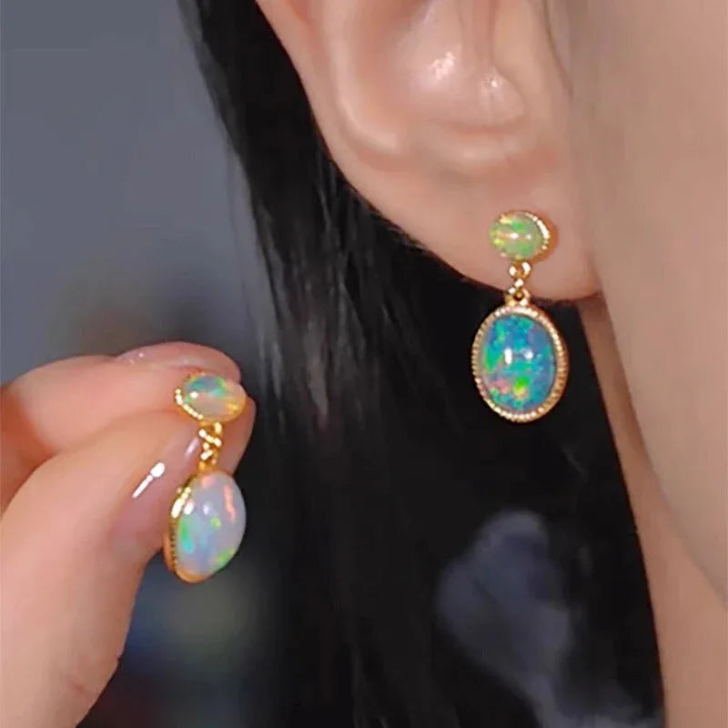 Opal Oval Drop Earrings with Round Studs side profile view