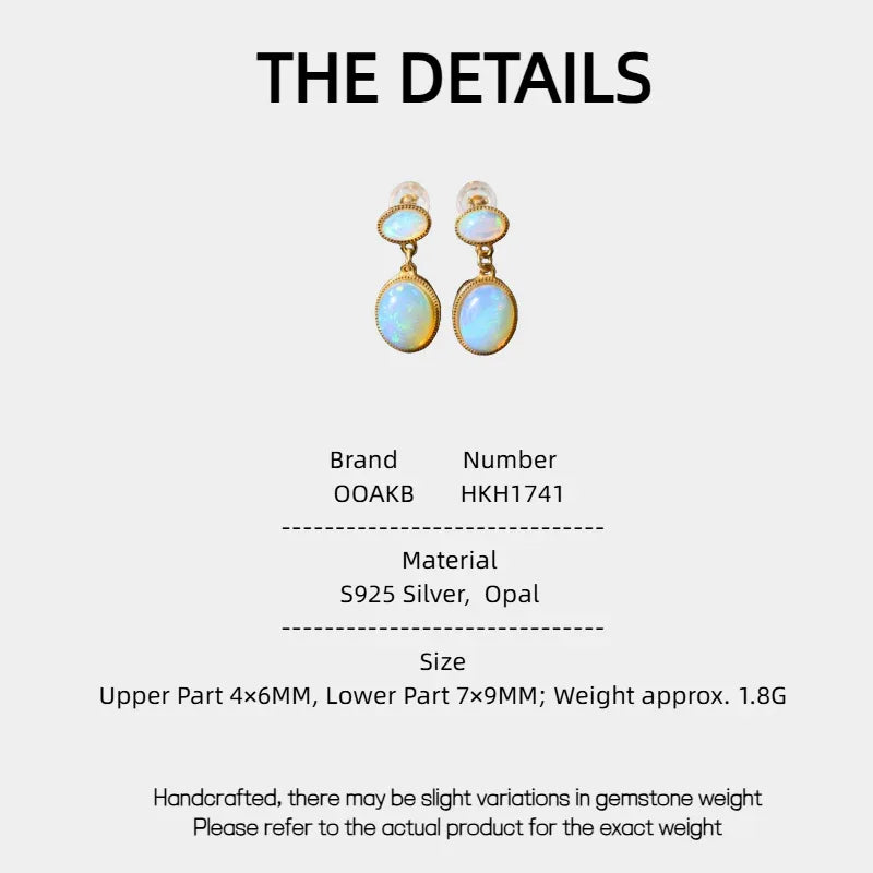 Opal Oval Drop Earrings with Round Studs specification card with material and size details