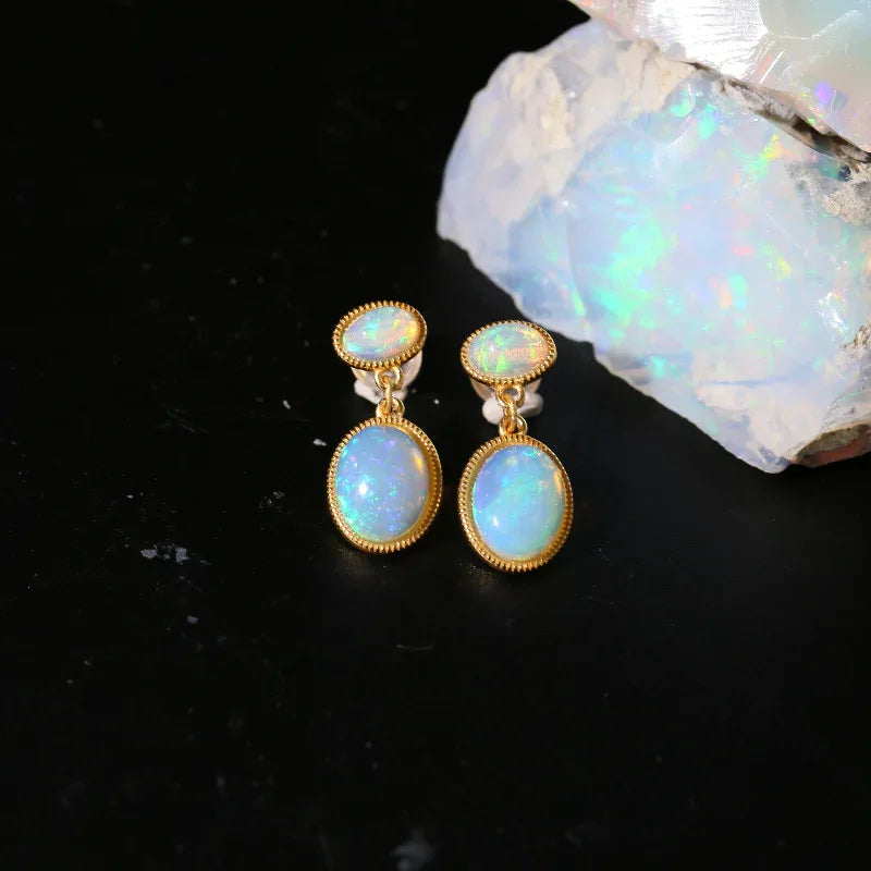 Opal Oval Drop Earrings with Round Studs top setting detail