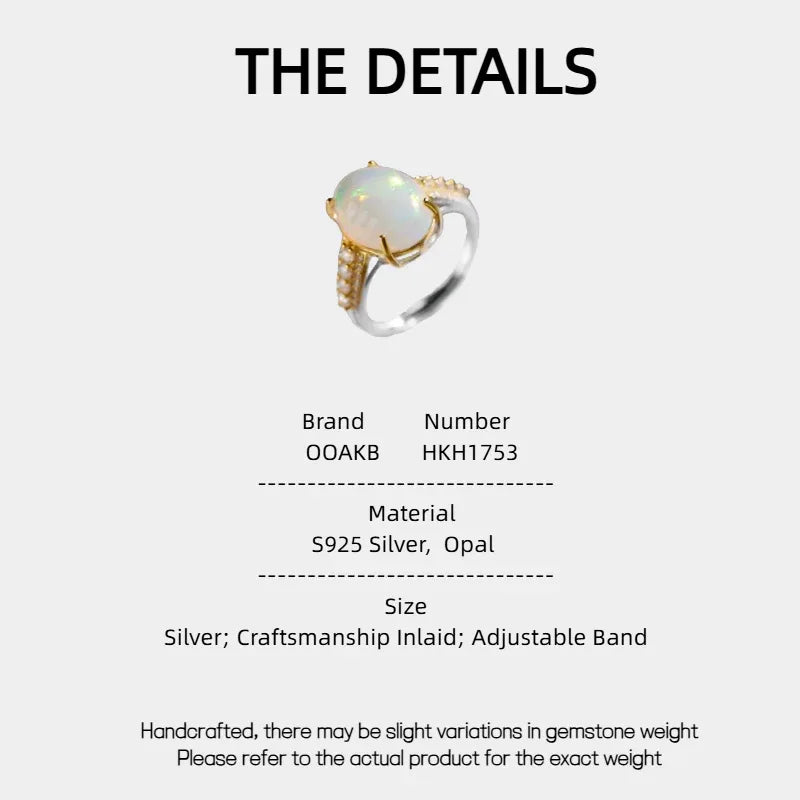 Opal Oval Two-Tone Adjustable Ring specification card with material and size details